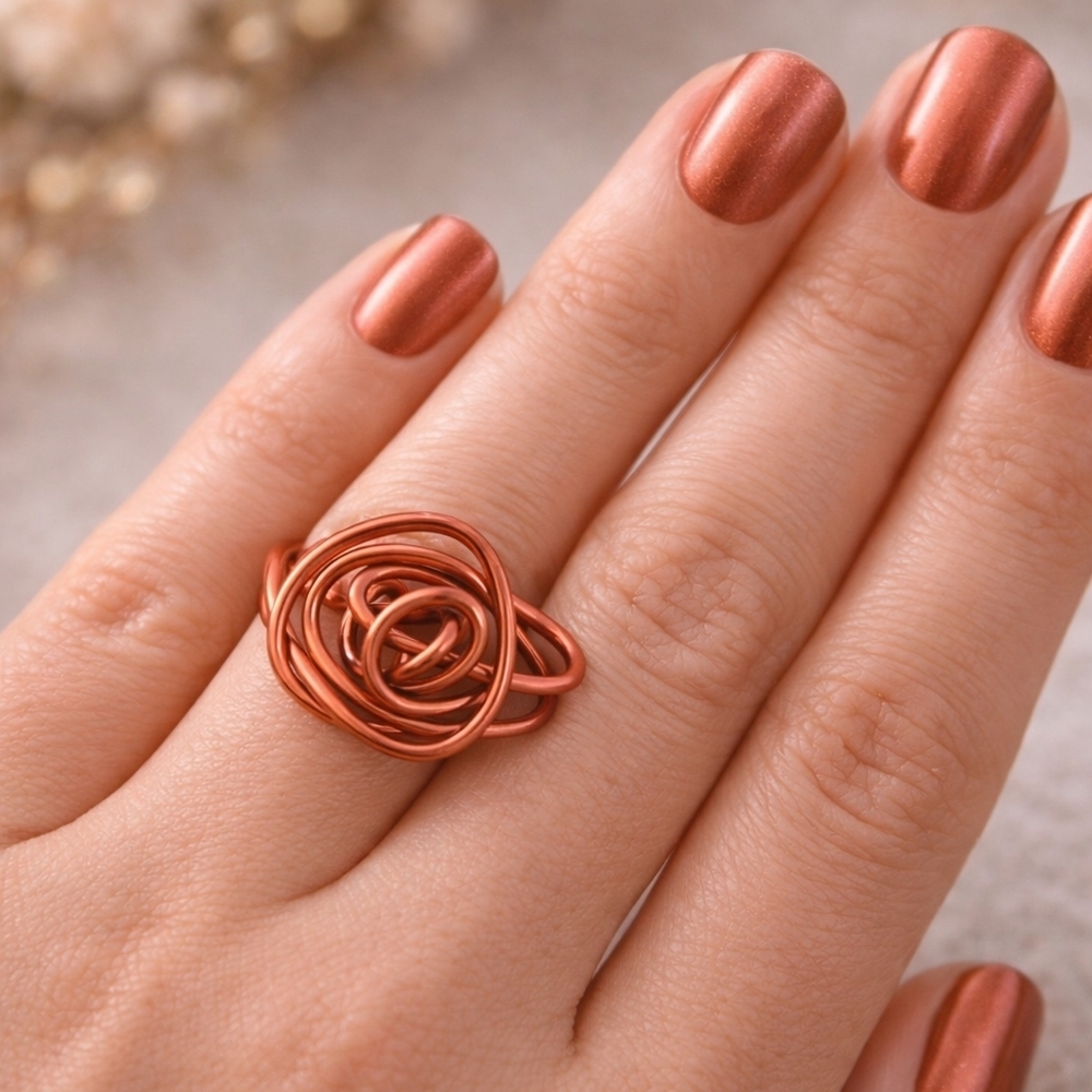 Copper wire wrapped rose ring, handmade artisan jewelry.